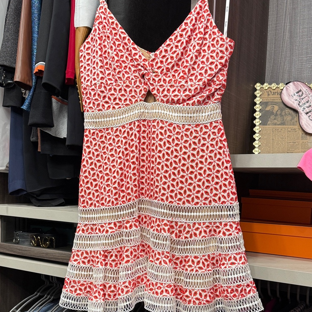 Bardot Red and White Patterned Mini Dress